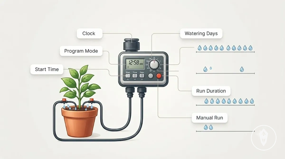 Diagrama mostrando as configurações do timer que controlam os ciclos de rega com controles do timer, tubulação, vazão do gotejador e rega de plantas