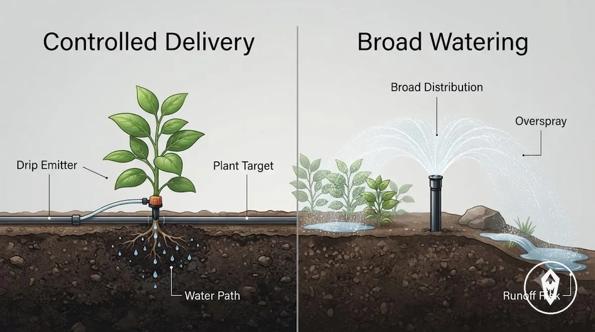 Gráfico de comparação mostrando distribuição controlada por gotejamento e padrões de irrigação ampla ao redor de plantas com áreas de deriva e escoamento