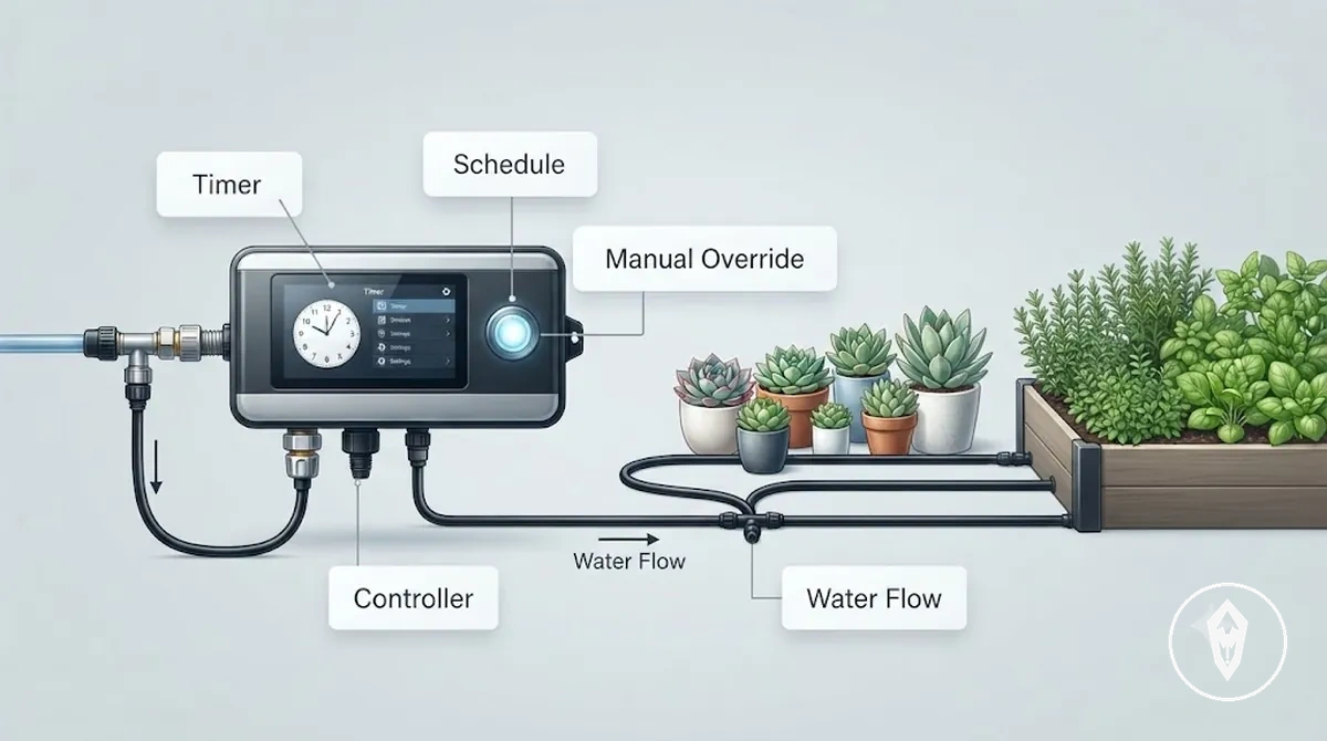 Estilo de controle de kit de irrigação automática mostrando temporizador, controlador, configurações de programação e operação de irrigação de plantas