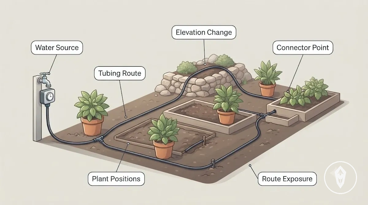 Planejamento da fonte de água, posições das plantas e percurso da tubulação para a instalação