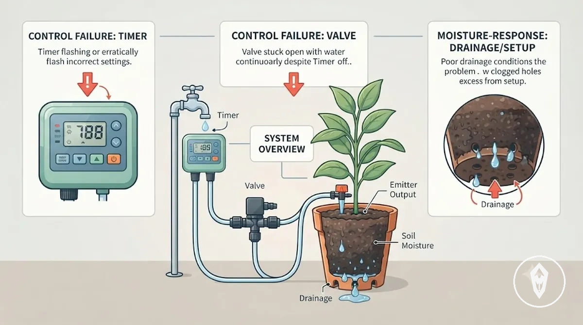 Gráfico de comparação mostrando problema no temporizador de irrigação automática e umidade de planta com irrigação excessiva