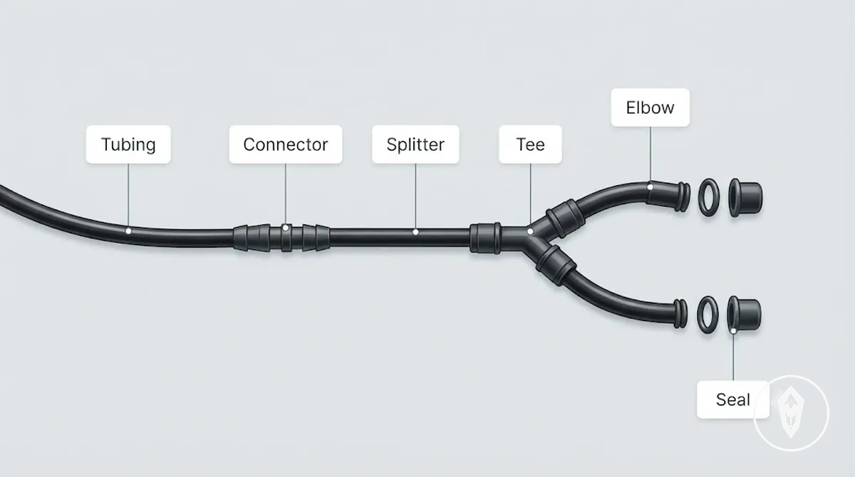 Mangueiras, conectores, divisores e conexões de kit de irrigação automática organizados para comparação de encaixe