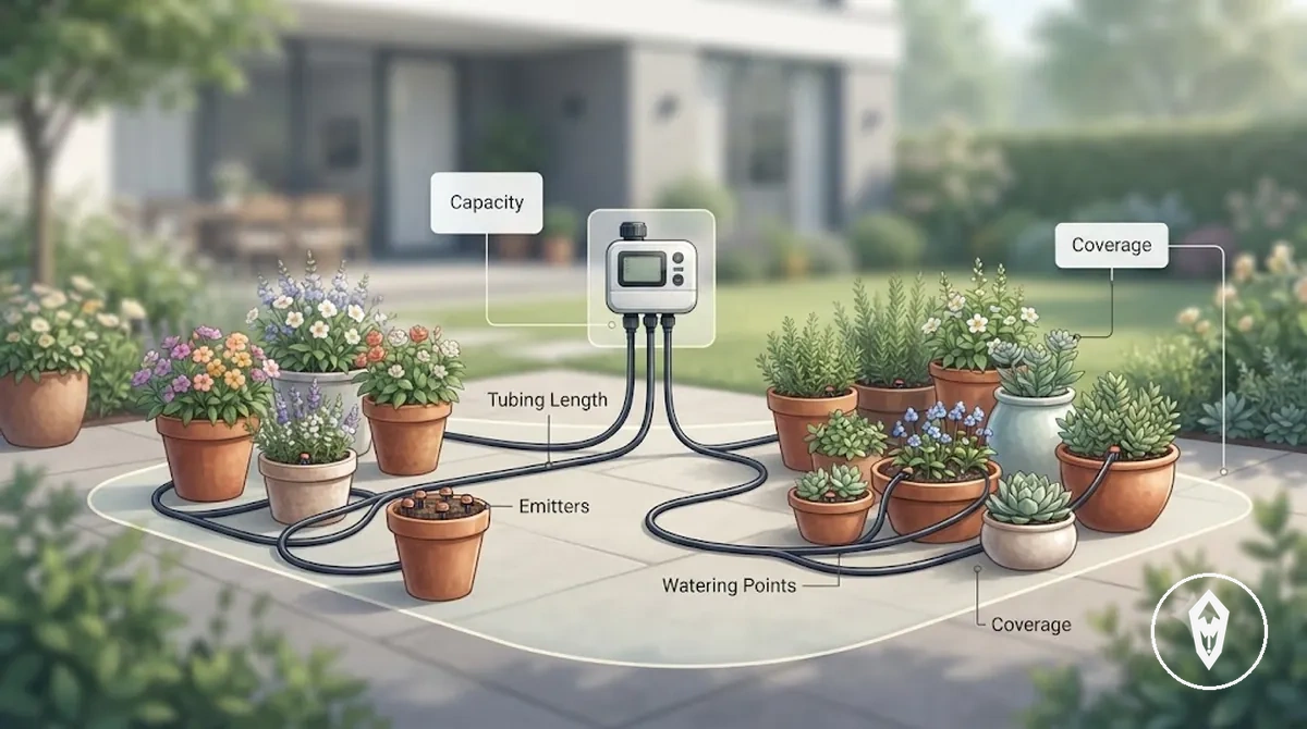 Diagrama explicando capacidade e cobertura de kit de irrigação automática com tubo e emissores