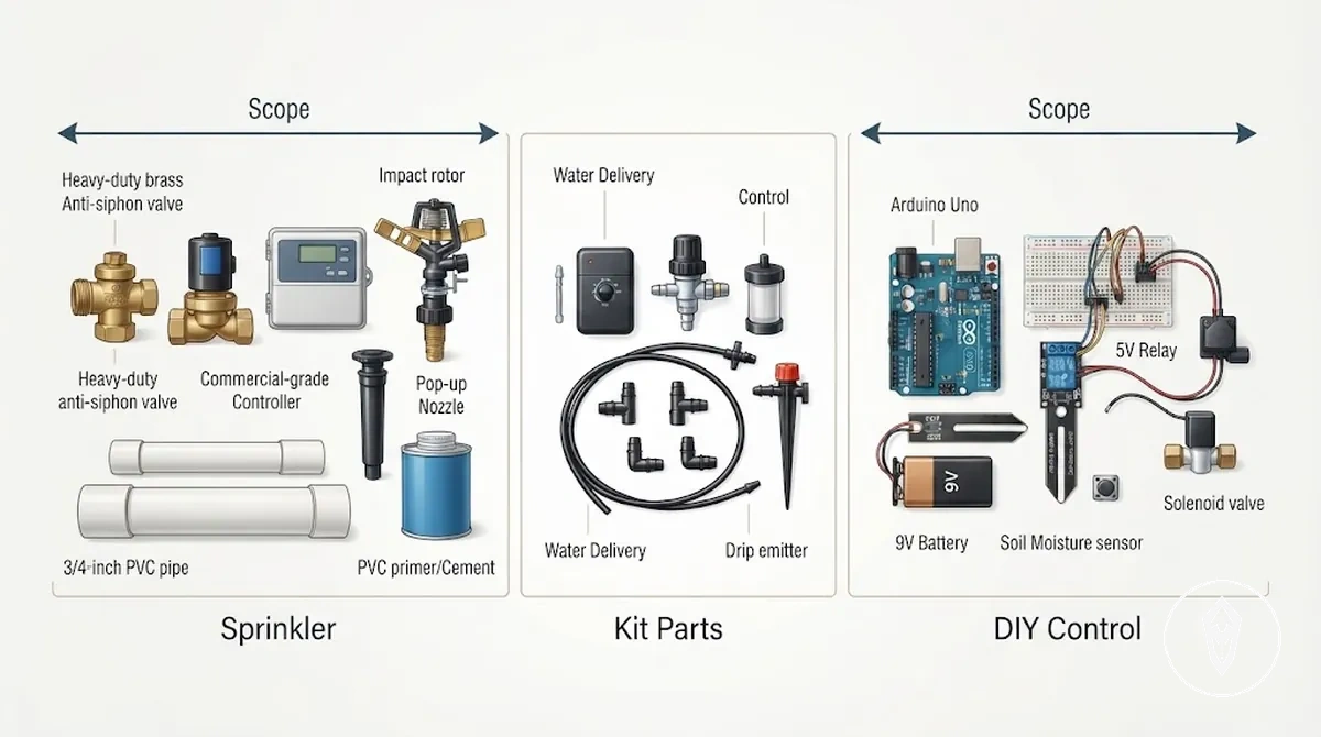 Comparação de peças de kit de irrigação automática, componentes de irrigação e componentes de circuitos DIY por papel e escopo