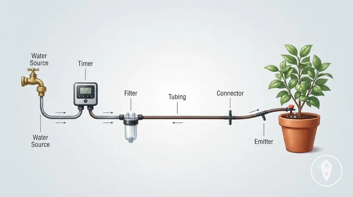 Diagrama das peças principais de um kit de irrigação automática controlando o movimento da água da fonte ao emissor