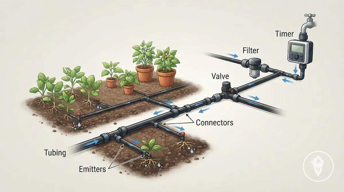 Tubagem, emissores, conectores, válvulas, temporizadores e filtros usados em um kit de irrigação automática