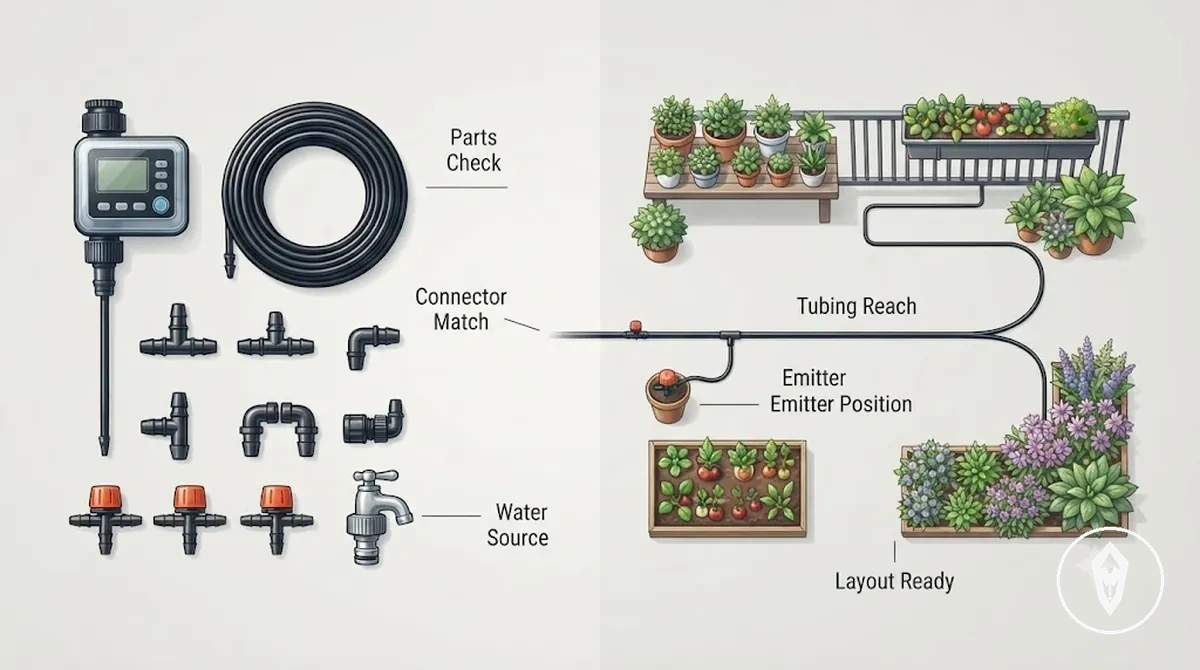 Verificação das peças do kit de irrigação automática e do layout das plantas antes da instalação
