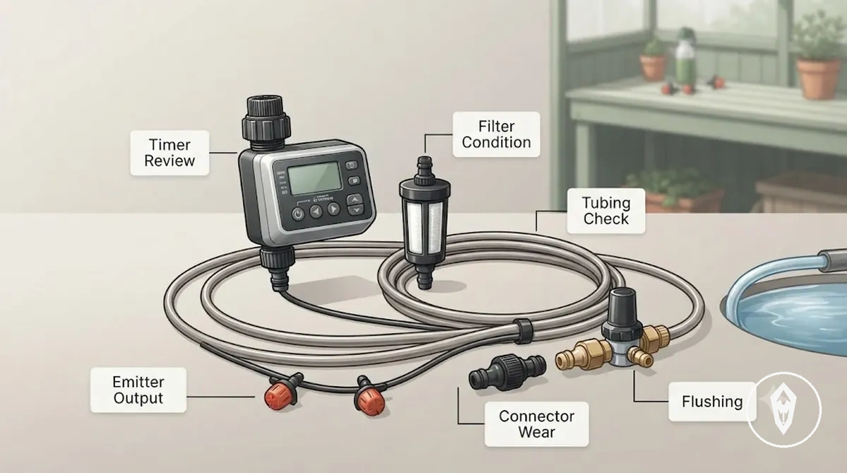 Verificações sazonais do kit de irrigação automática mostrando preparação para armazenamento, reinício e inspeção de componentes