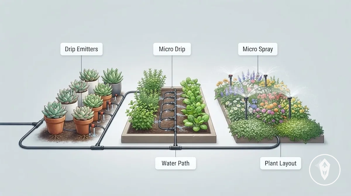 Otomatik sulama kiti dağıtım yöntemleri, damla çıkışları, püskürtme başlıkları, boru, su yolları ve bitki yerleşimini gösteriyor
