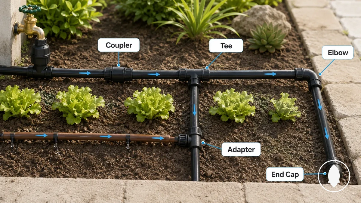 أشكال وصلات الري بالتنقيط موضحة تظهر الموصل والتي والكوع والمحول وغطاء النهاية في تخطيط أنابيب