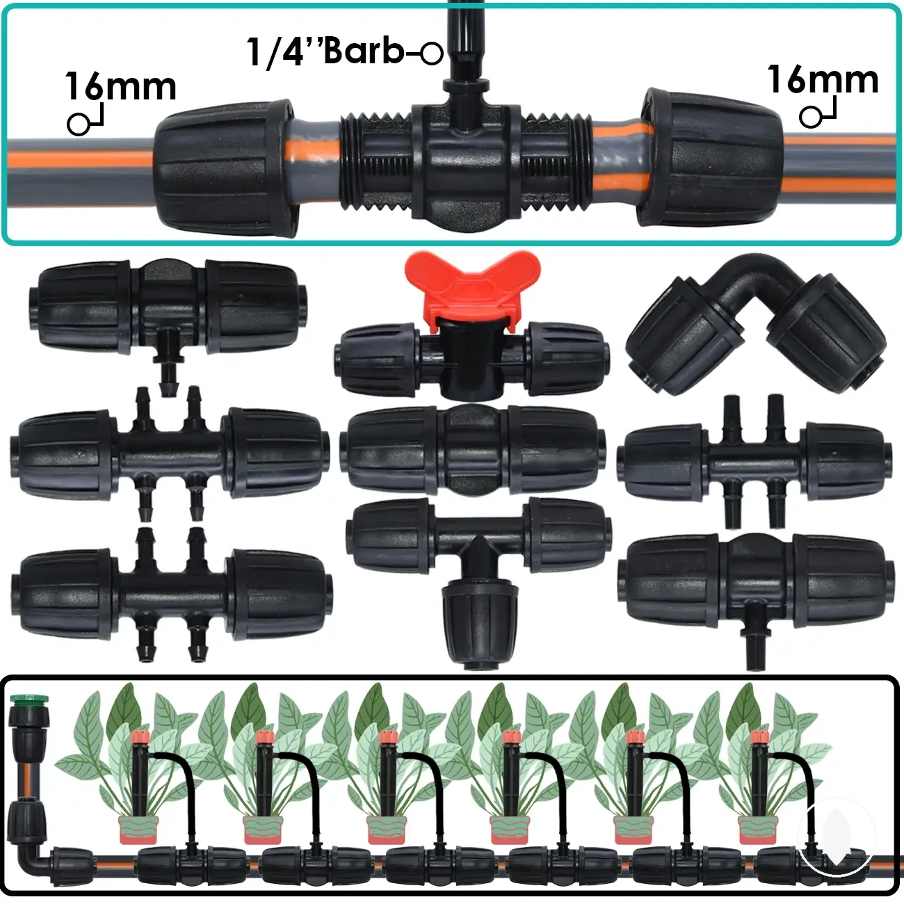 16mm pipe splitter connector for 4/7mm and 3/5mm drip irrigation hose