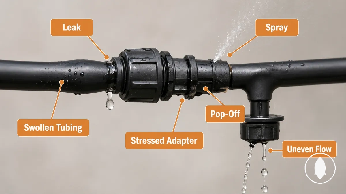 Annotated drip irrigation fitting connection showing leak, spray, loosened joint, stressed adapter, and pressure symptom indicators