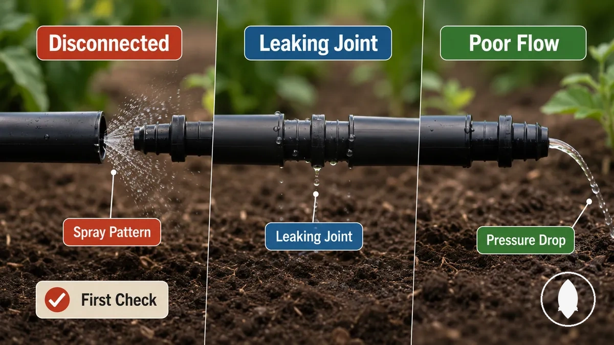 Comparison of popped-off drip fitting, leaking joint, and poor flow symptoms