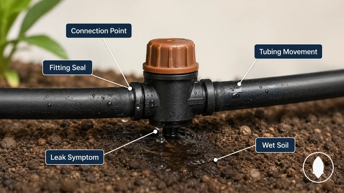 Drip irrigation fitting connection point showing leak symptoms and inspection areas