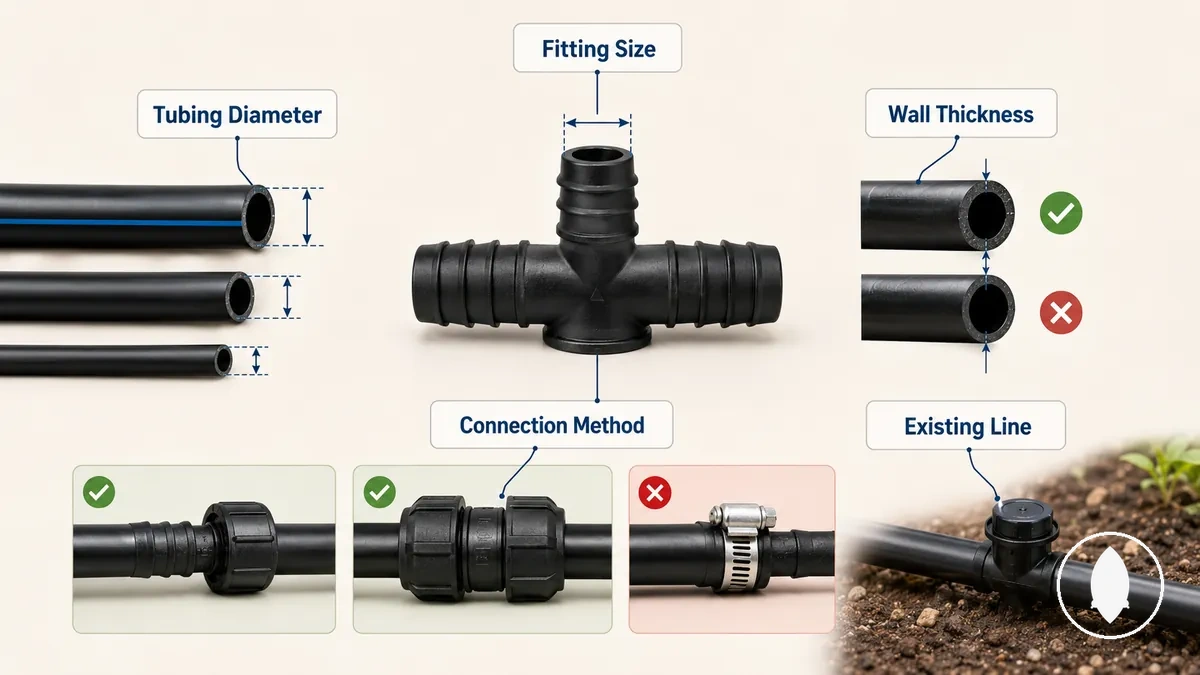 Drip irrigation tubing and fittings shown for size compatibility checks