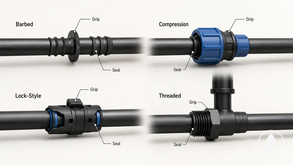 Connection-style fitting types showing barbed compression lock-style and threaded drip irrigation fittings
