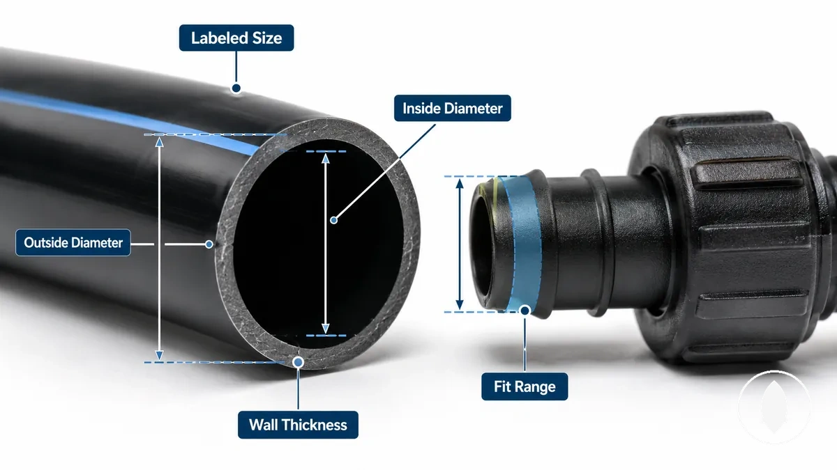 Tubing cross section showing inside diameter outside diameter and wall thickness for drip fitting fit