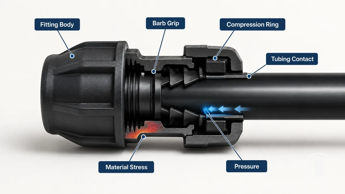 Annotated drip irrigation fitting showing material areas, connection points, and grip features