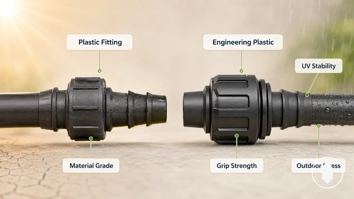 Annotated plastic fittings showing material differences, grip areas, and outdoor connection context