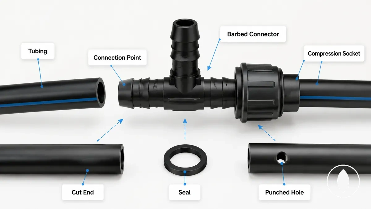 Conexión etiquetada de accesorio de riego por goteo que muestra el tubo y las piezas del conector