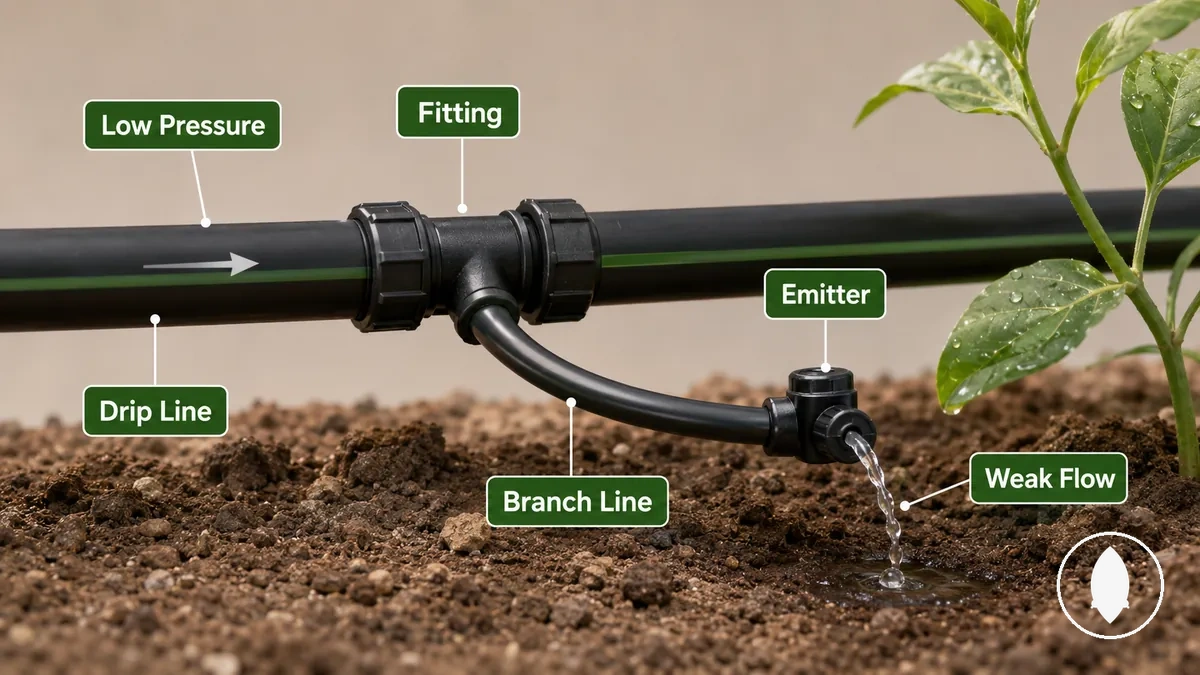 Diagrama que muestra flujo débil en un emisor de línea de goteo, conexión de accesorio y dirección del flujo de agua