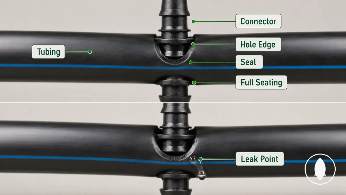 Primer plano de una fuga alrededor de un orificio y conector de tubo de riego por goteo