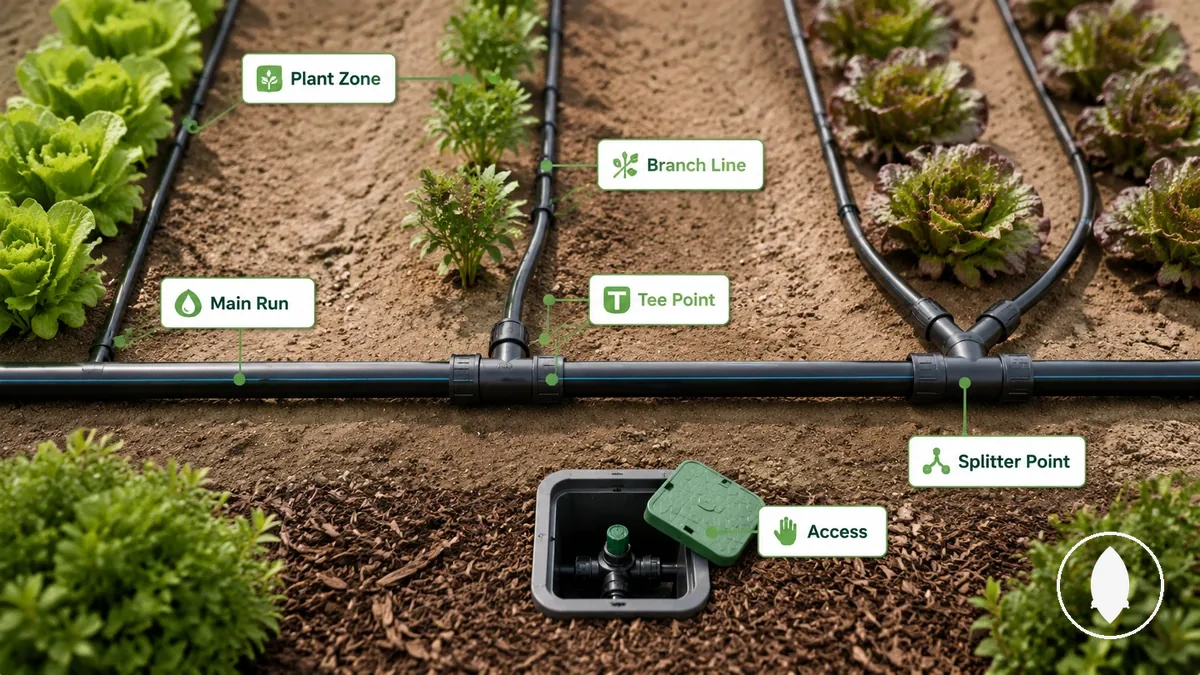Configuration d’embranchement d’irrigation goutte à goutte annotée montrant les points de té, les points de répartiteur et les trajets de tubes séparés