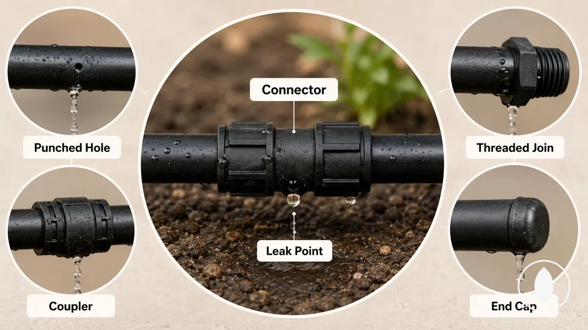 Raccord d’irrigation goutte à goutte qui fuit au niveau d’un raccordement de tube