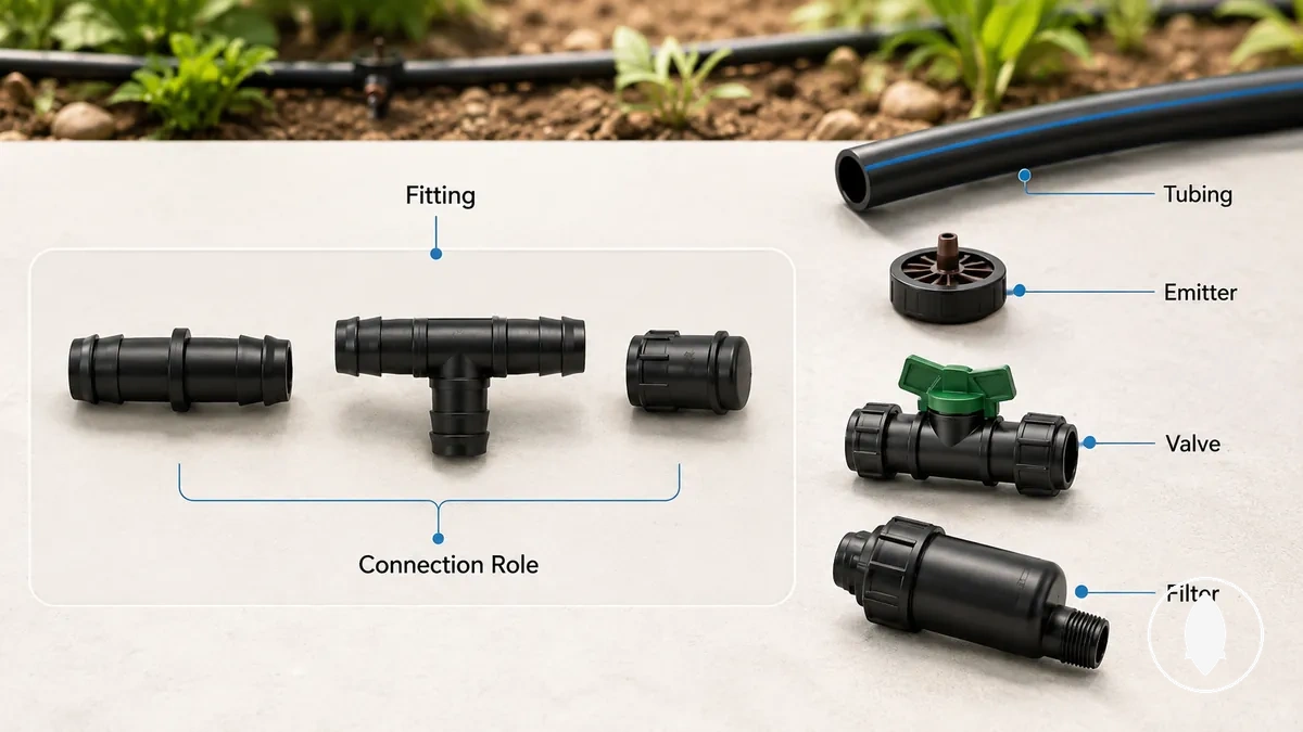 Pièces de raccord d’irrigation goutte à goutte comparées aux conduites, goutteurs, filtres et vannes