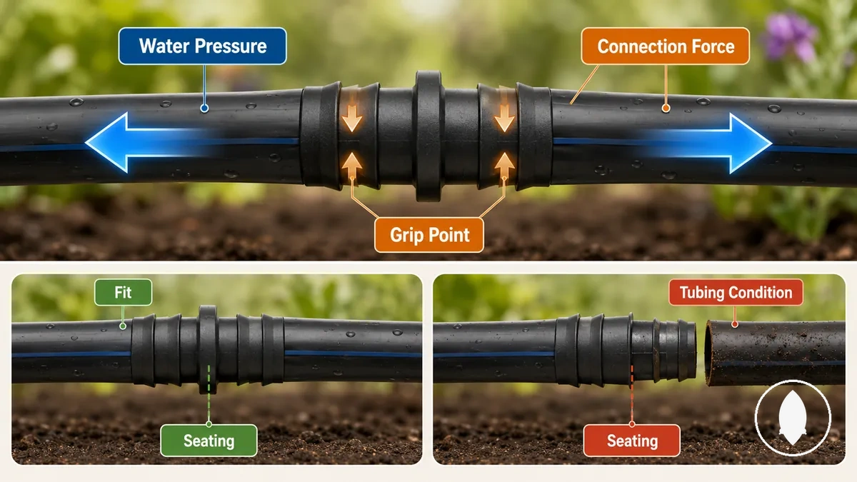 Schéma expliquant pourquoi un raccord d’irrigation goutte à goutte se détache du tube