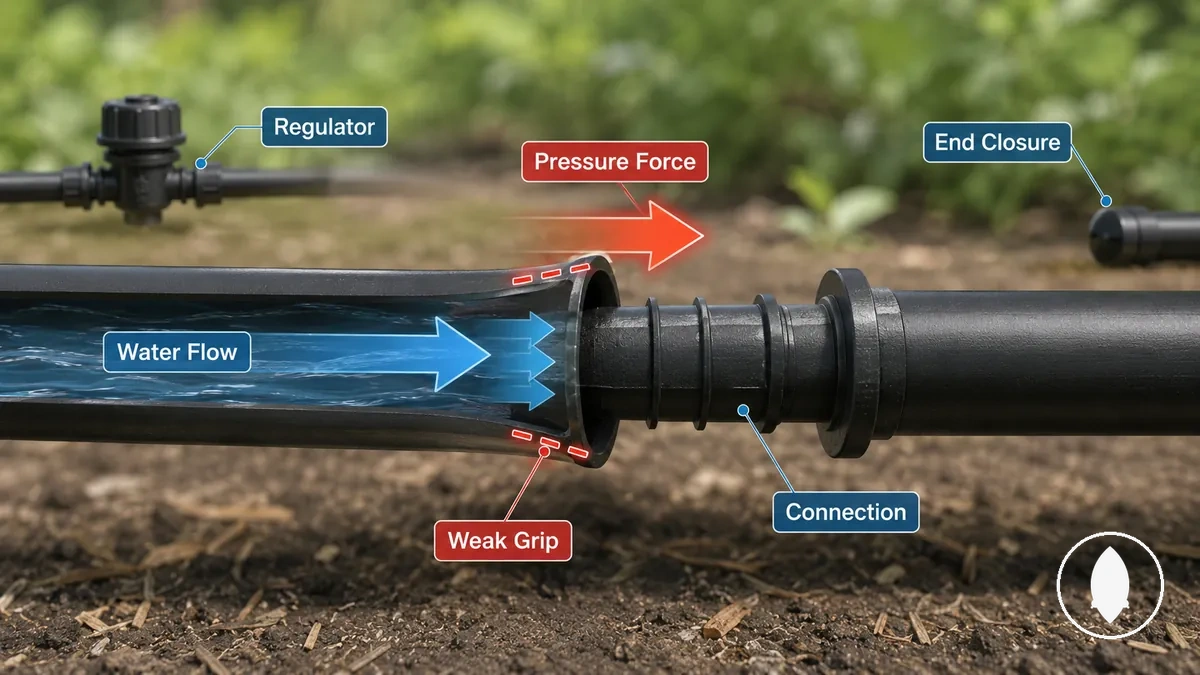 Force de pression poussant un raccord d’irrigation goutte à goutte hors du tube