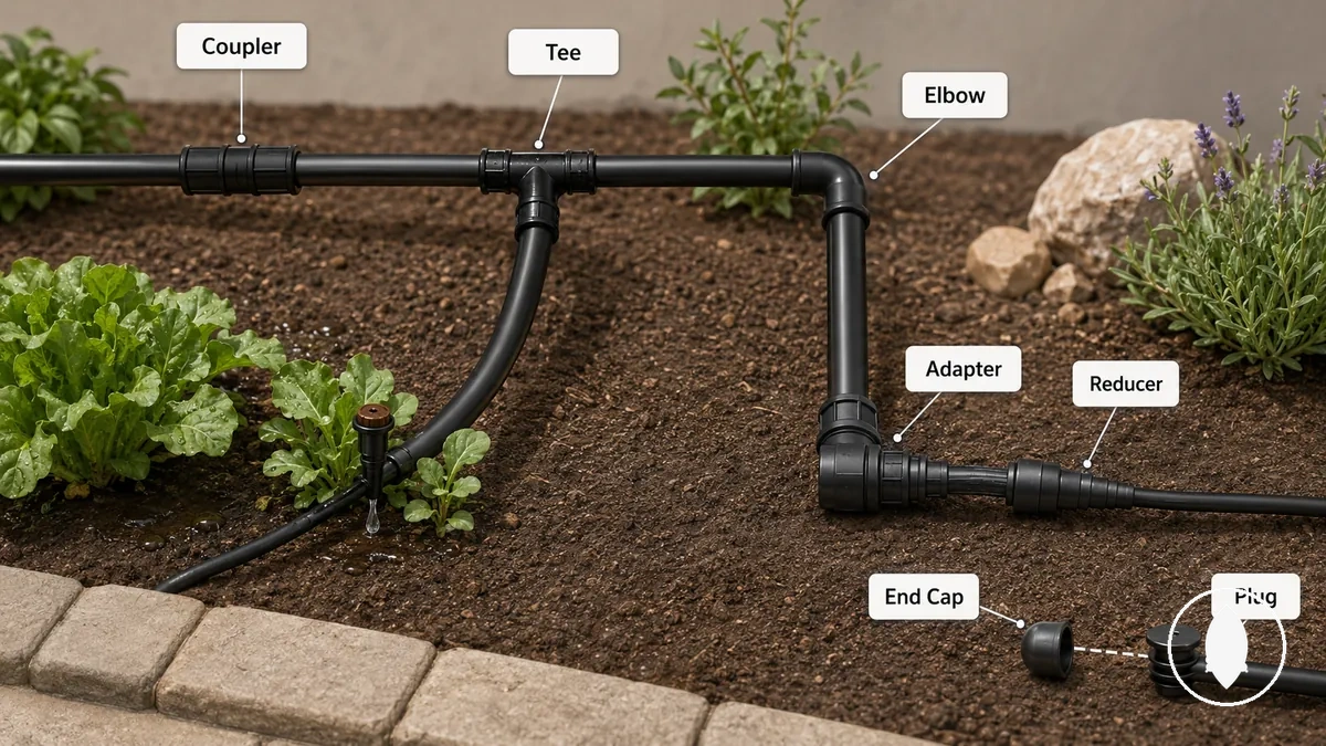 Formes de raccord d’irrigation goutte à goutte montrant les rôles de connexion dans une conduite