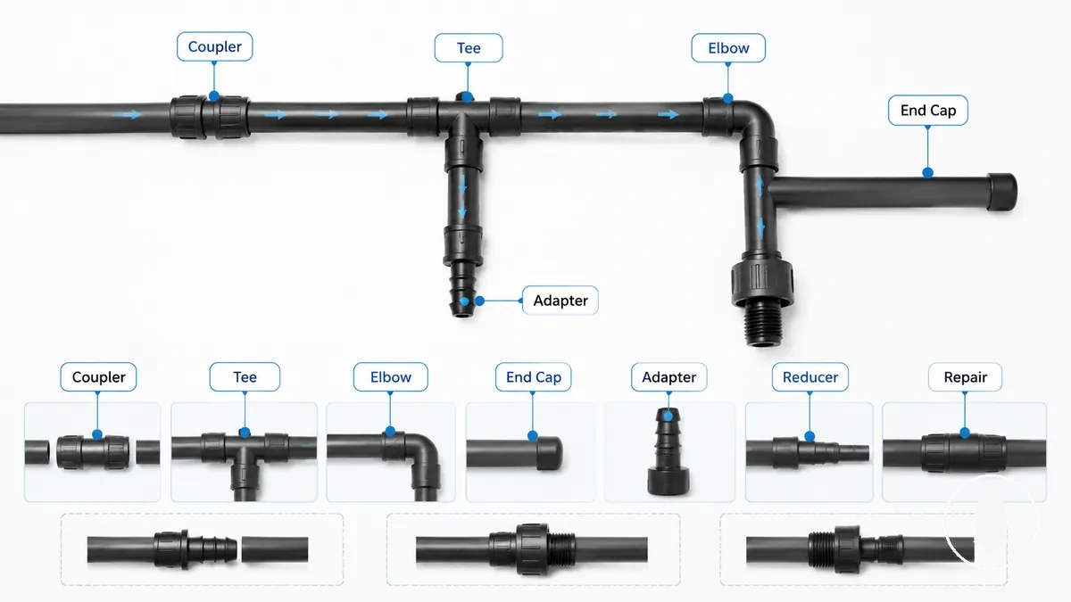 Principaux types de raccords d’irrigation goutte à goutte classés par rôle de connexion