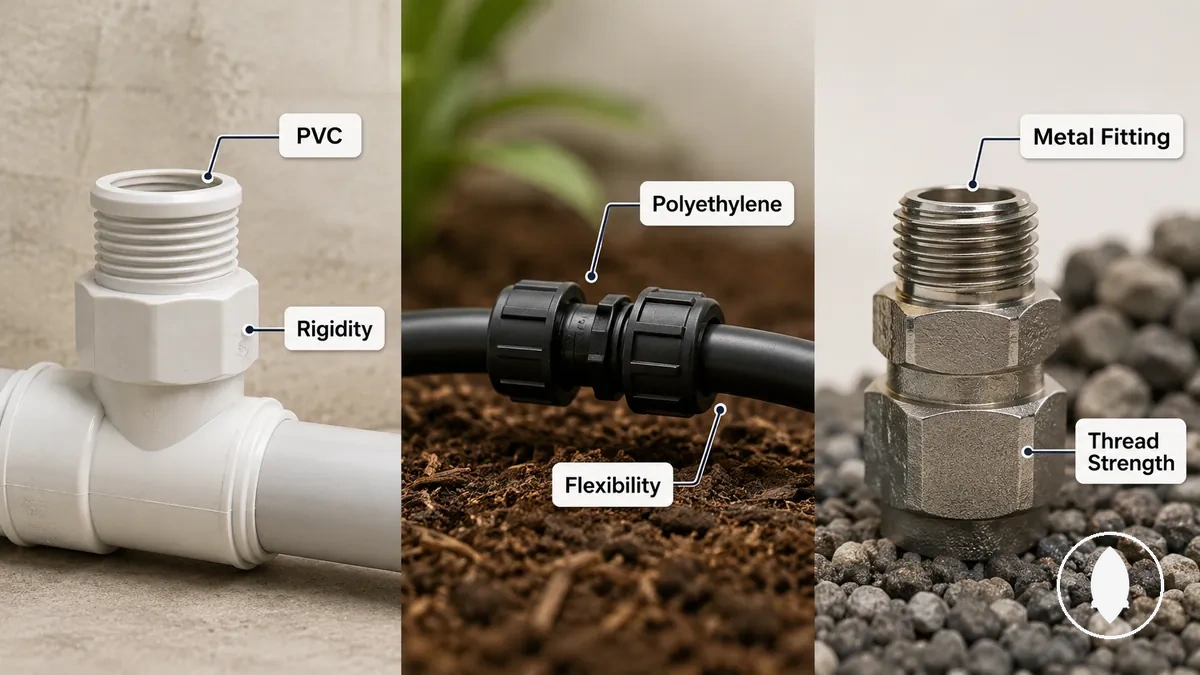 Raccords d irrigation goutte à goutte en PVC polyéthylène et métal annotés montrant les contextes de matériaux