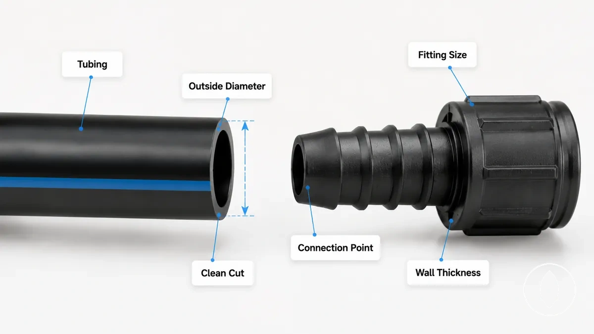 Tube d’irrigation goutte à goutte et raccord alignés pour une vérification d’ajustement avant installation