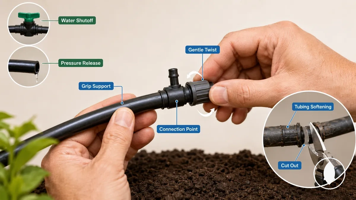 Removendo uma conexão de irrigação por gotejamento de um tubo com suporte adequado
