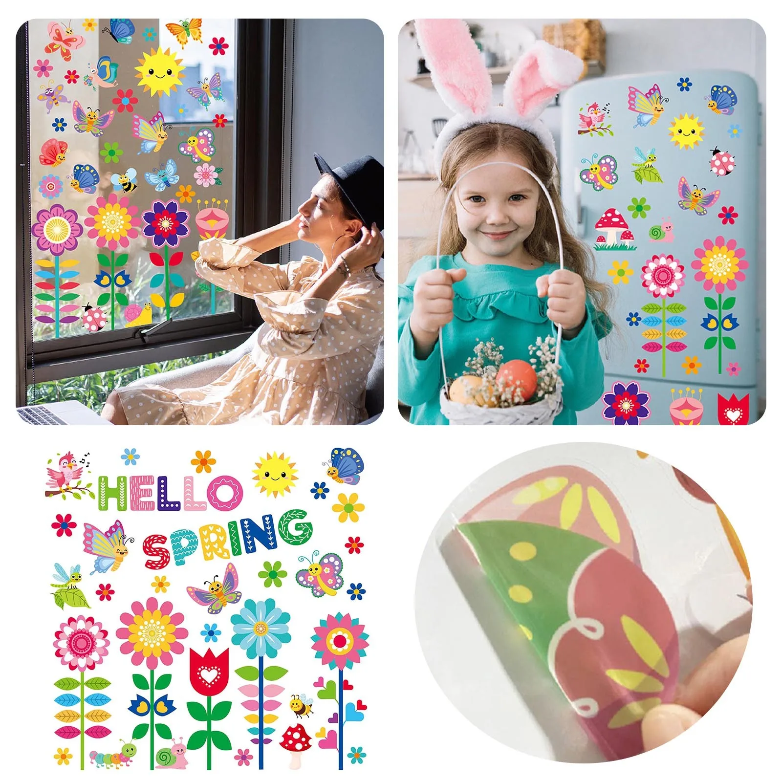 Autocollant Fenêtre Printemps, SILARLAIT 9 Feuilles Stickers Fenêtre