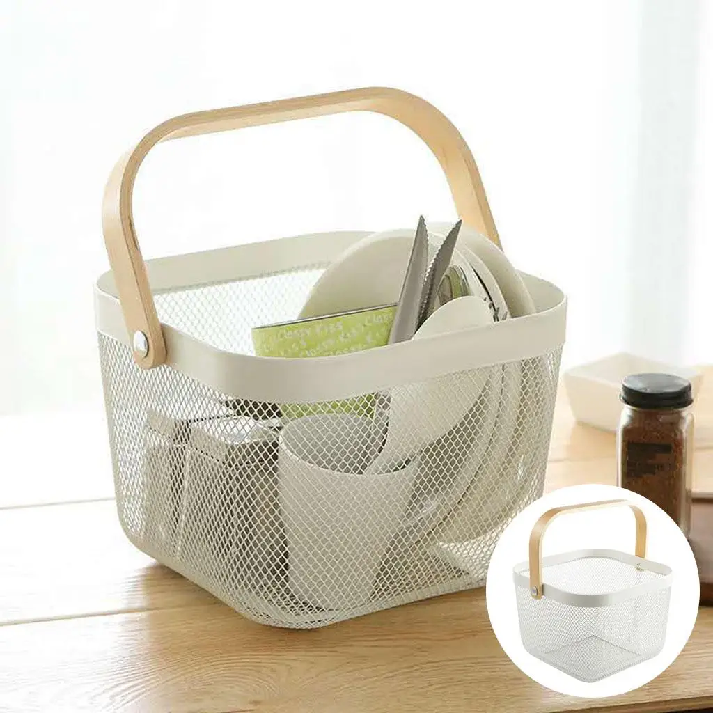 Storage Basket with Wooden Handle Multifunction Sundries for