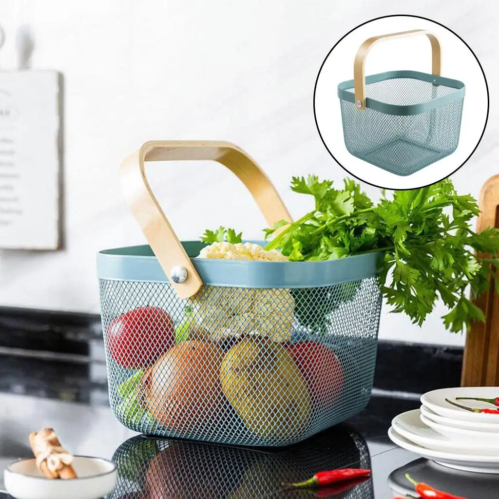 Storage Basket with Wooden Handle Multifunction Sundries for