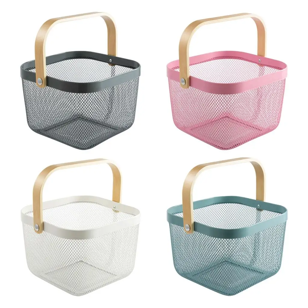 Storage Basket with Wooden Handle Multifunction Sundries for