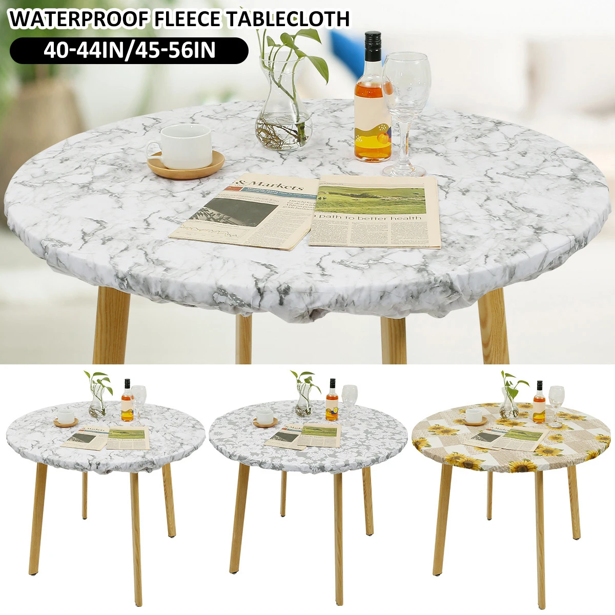 Nappe Ronde Imperméable Élastique - Pour Tables 114-127 Cm - Marbre Blanc Lavable