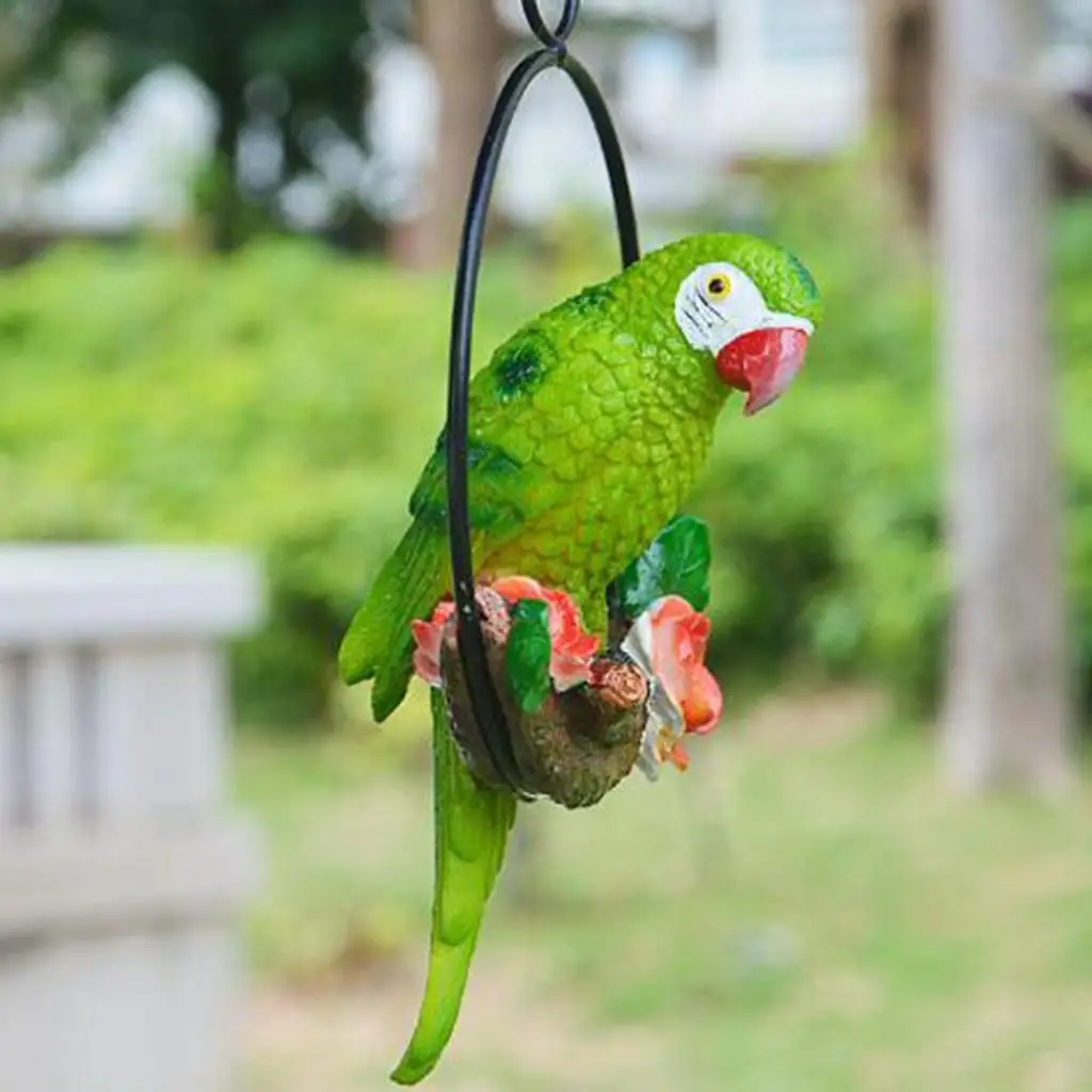 Vivid Parrot Statue Perch on Metal Ring Garden Sculpture Lawn Ornament
