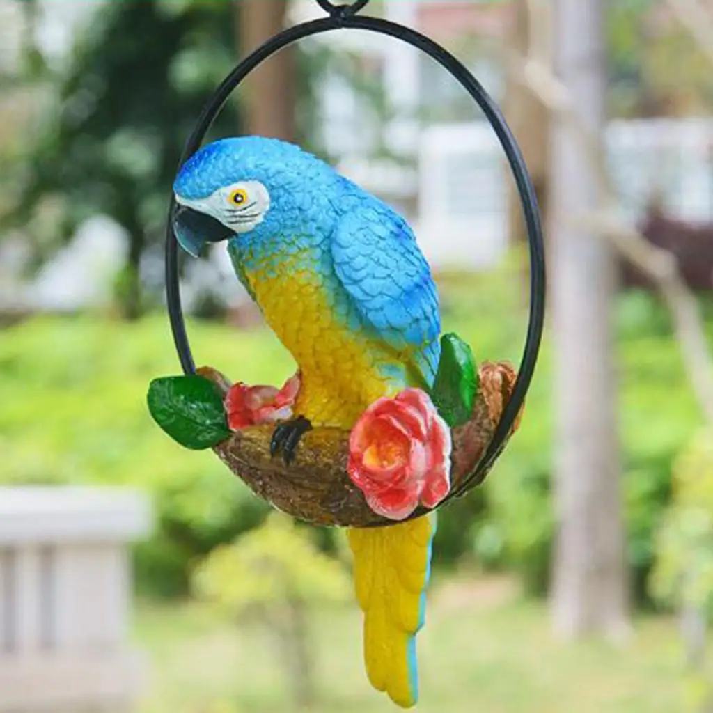 Vivid Parrot Statue Perch on Metal Ring Garden Sculpture Lawn Ornament