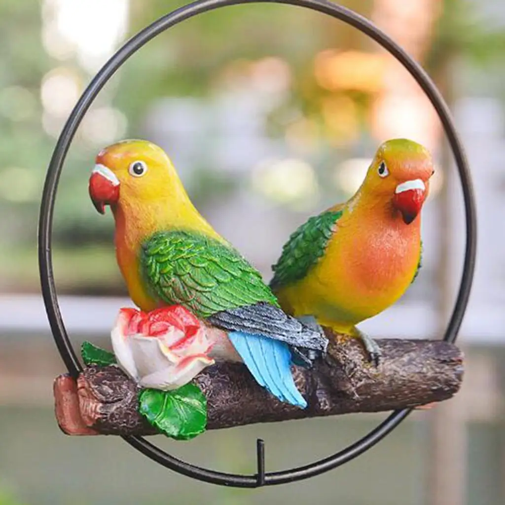 Vivid Parrot Statue Perch on Metal Ring Garden Sculpture Lawn Ornament