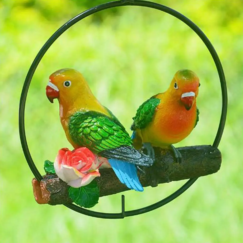 Vivid Parrot Statue Perch on Metal Ring Garden Sculpture Lawn Ornament